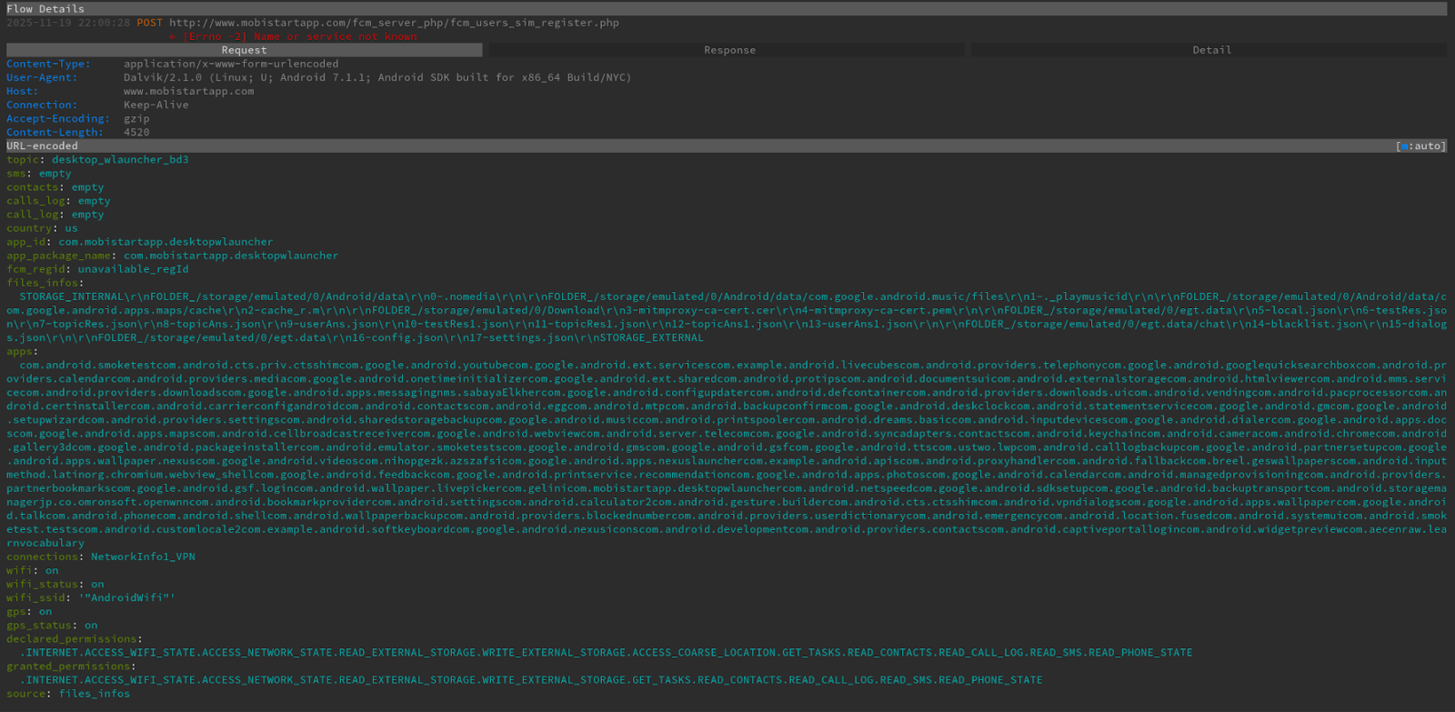 Example of data collected from malicious application via Mitmproxy